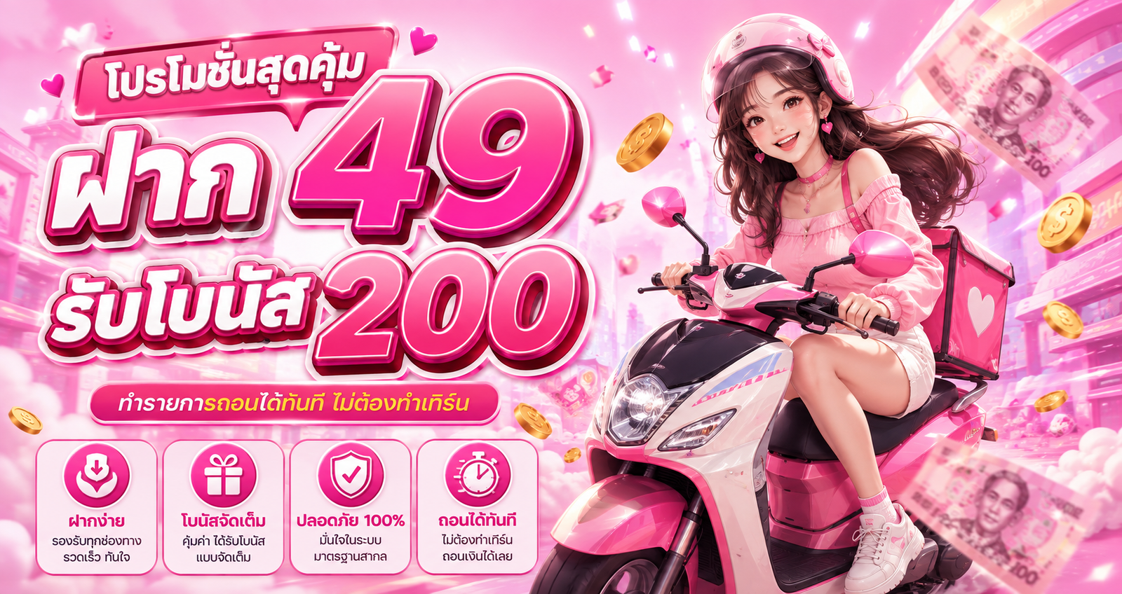 ภาพโปรโมชั่น tunder24hr ฝาก 49 รับโบนัส 200 พร้อมตัวละครหญิงขี่สกู๊ตเตอร์ ระบบฝากถอนสะดวก และสิทธิพิเศษตามเงื่อนไข
