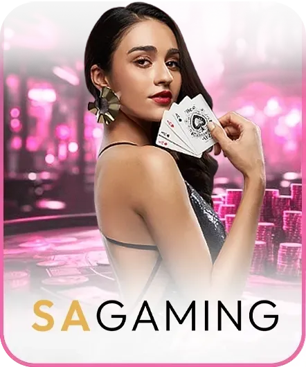 ภาพค่าย SA Gaming บน tunder24hr ตัวละครหญิงถือไพ่ พร้อมฉากคาสิโนโทนสีชมพู เหมาะสำหรับใช้ประกอบหน้าแนะนำ SA Gaming และเกมคาสิโนออนไลน์
