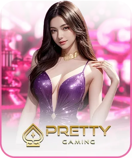 ภาพค่าย Pretty Gaming บน tunder24hr ตัวละครหญิงในชุดสีม่วง พร้อมฉากคาสิโนโทนสีชมพู เหมาะสำหรับใช้ประกอบหน้าแนะนำ Pretty Gaming และเกมคาสิโนออนไลน์