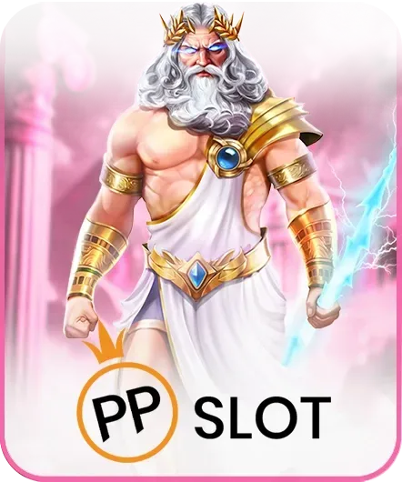 ภาพค่าย PP SLOT บน tunder24hr ตัวละครเทพเจ้าซุสถือสายฟ้าในธีมเทพปกรณัมกรีก เหมาะสำหรับใช้ประกอบหน้าแนะนำเกมสล็อตและค่ายเกม PP SLOT